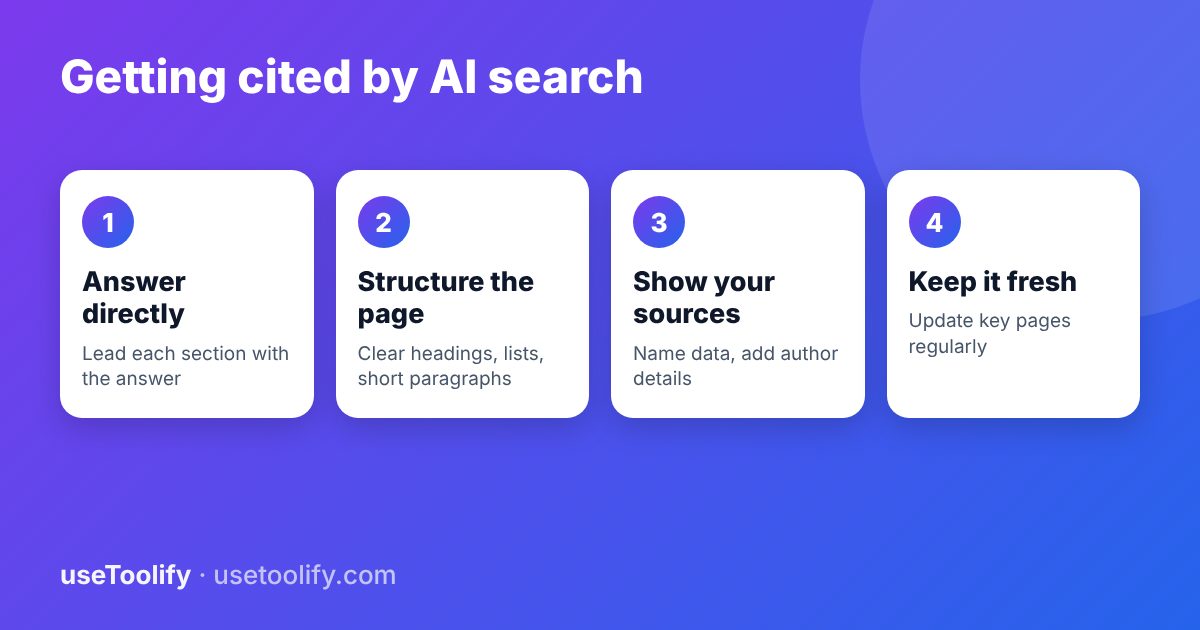 Four steps to get cited by AI search: answer directly, structure the page, show your sources, keep it fresh