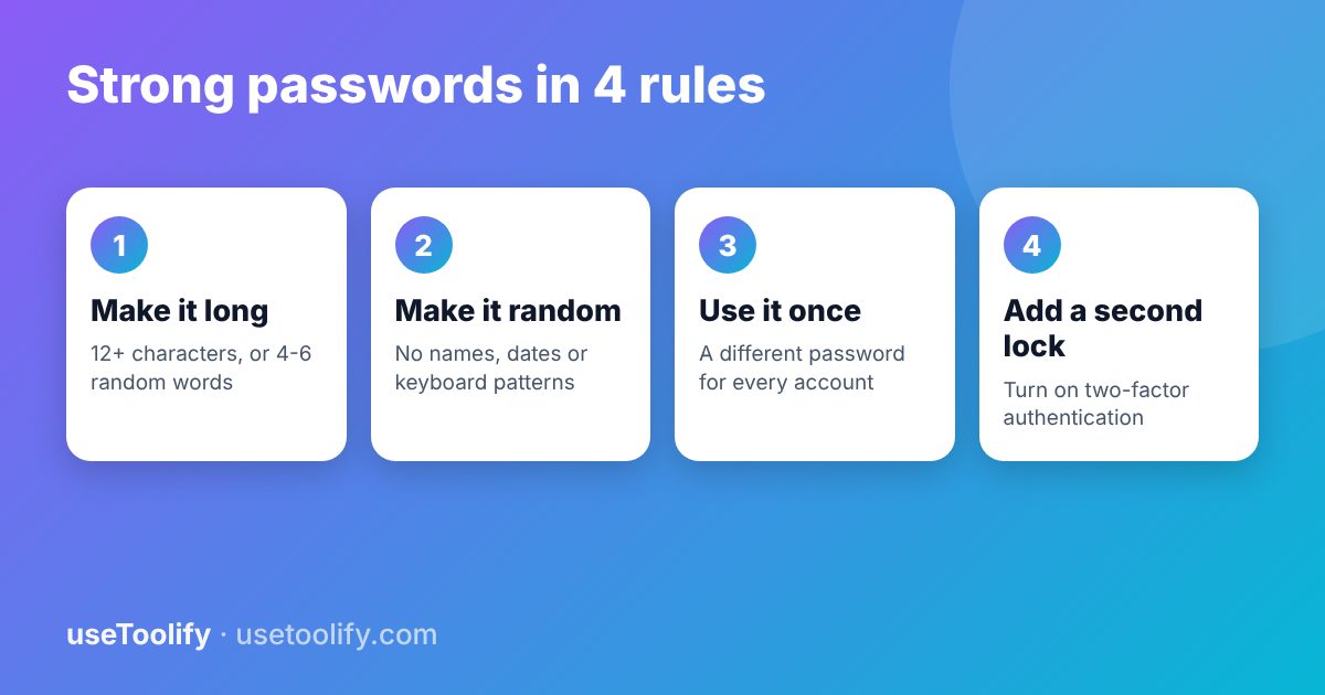 Four rules for strong passwords: make it long, make it random, use it once, add two-factor authentication